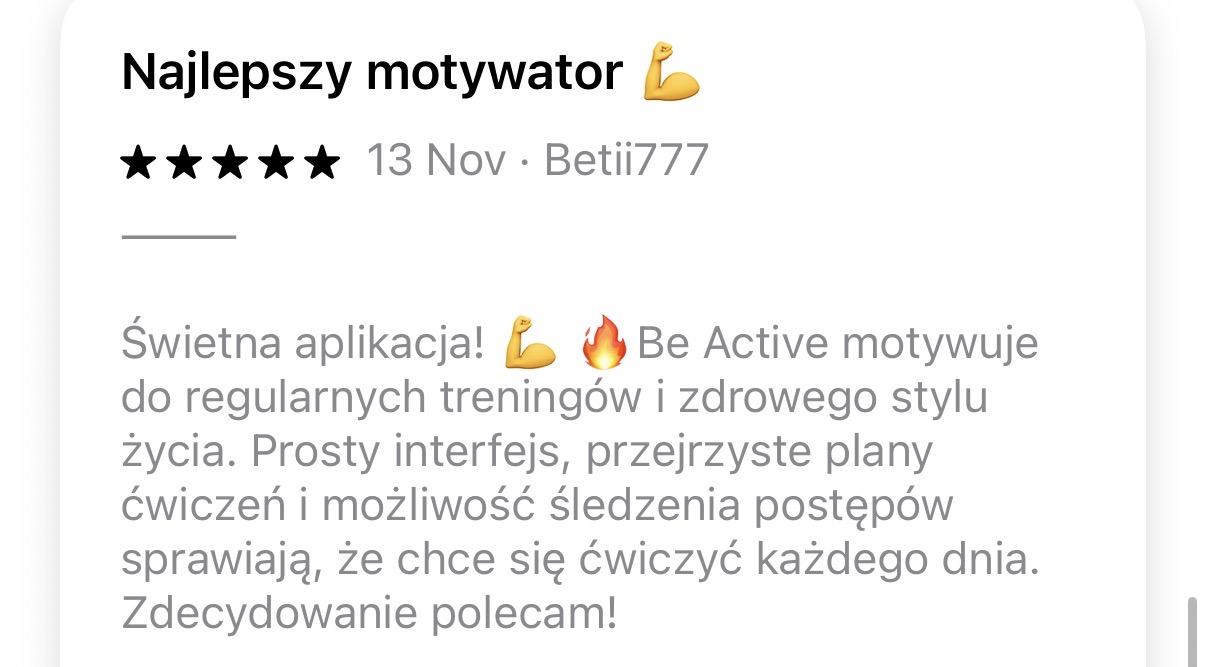 Opinia o BeActiveTV z App Store – Najlepszy motywator, 5 gwiazdek: Be Active motywuje do regularnych treningów i zdrowego stylu życia