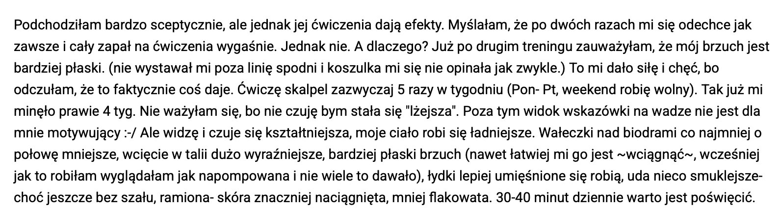 Opinia z forum o BeActiveTV – użytkowniczka sceptyczna, ale już po drugim treningu Skalpelem zauważyła płaski brzuch i wyraźniejsze wcięcie w talii