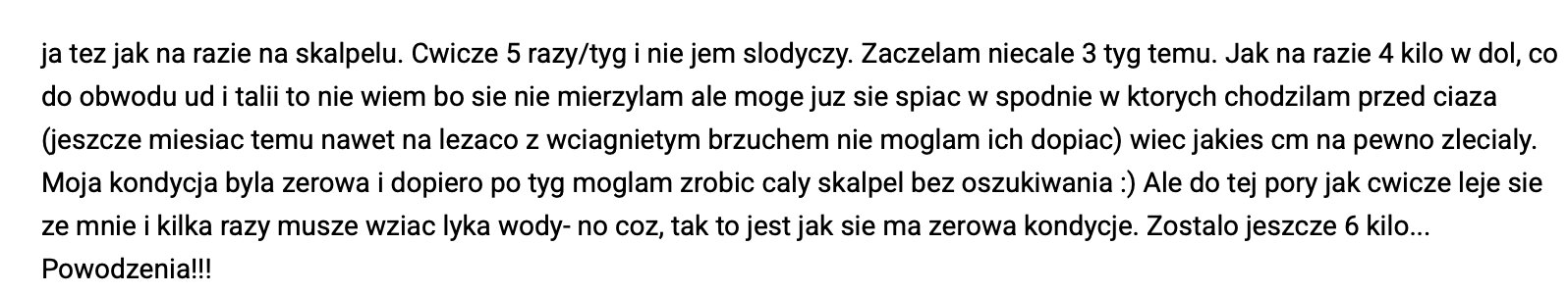 Opinia z forum o BeActiveTV – użytkowniczka: ćwiczę z Ewką 5 miesięcy, schudłam 15,3 kg z rozmiaru 42 do 36, obwód brzucha minus 13 cm